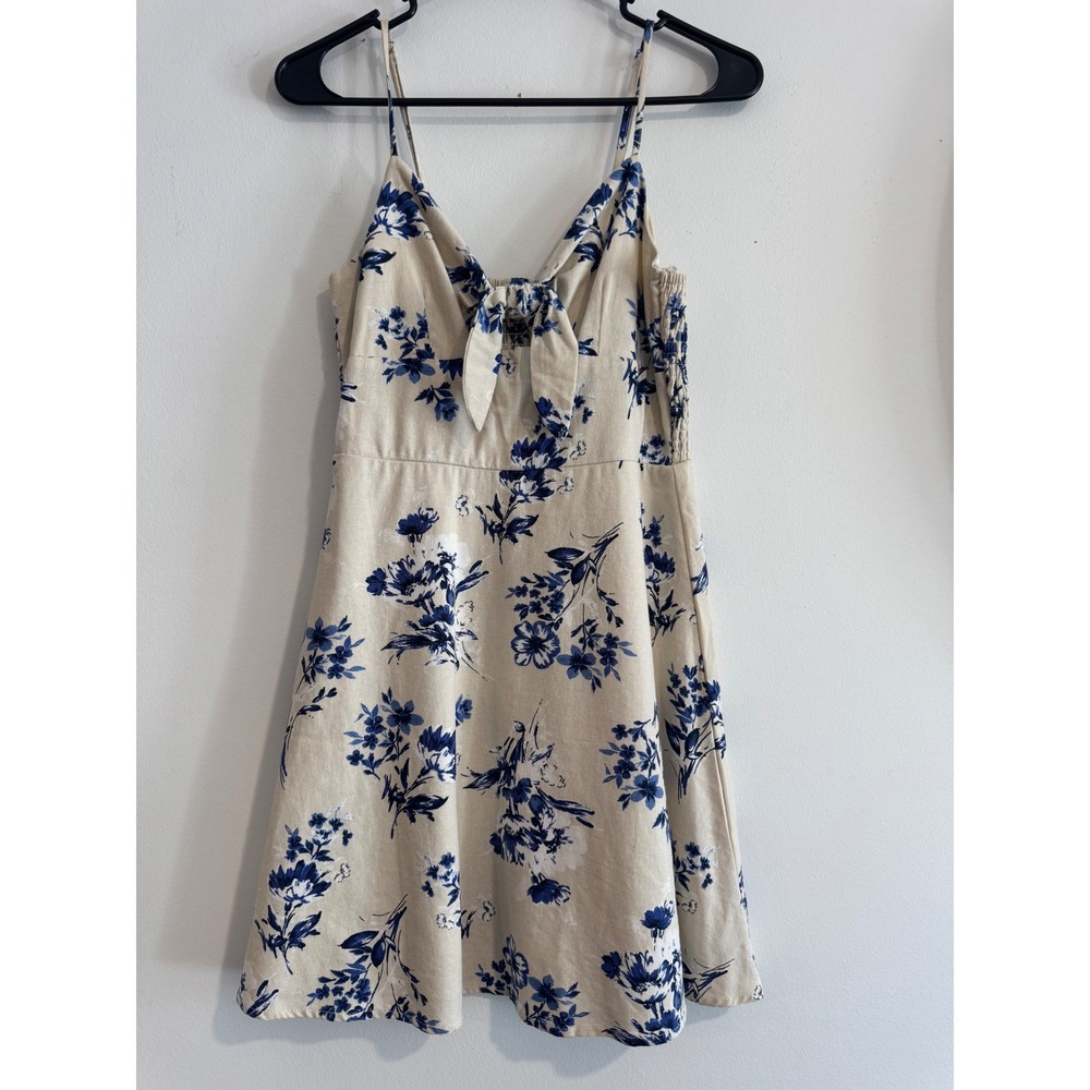 Altar'd State Floral Tie Front Dress Womens XS Cream Blue Smocked Back